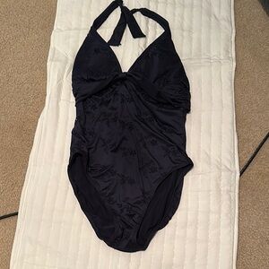 Lauren Ralph Black Halter Eyelet One-Piece Swimsuit‎